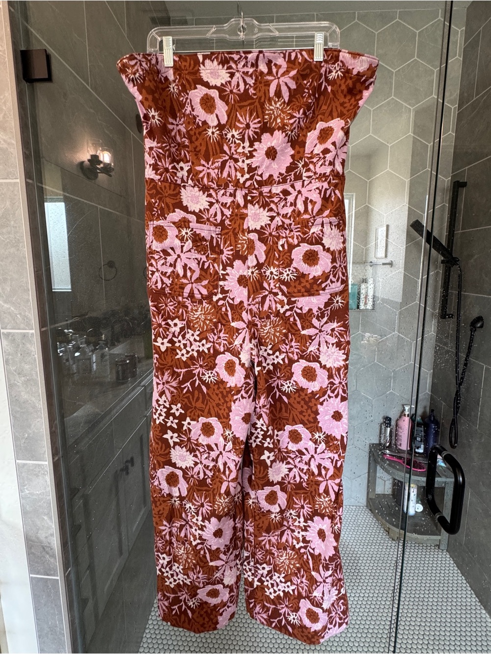 Anthropologie Strapless Floral Wide-Leg Jumpsuit in Rust & Pink